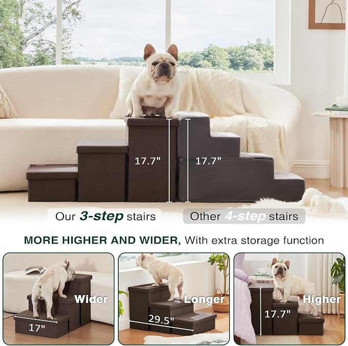Love's cabin Dog Stairs for High Bed, Foldable Pet Stairs for Small Medium or Large Dogs Puppy with Storage for Bed or Couch, Cat Dog Steps Ramp with Zip up to 200 lbs, Coffee, 3 Steps