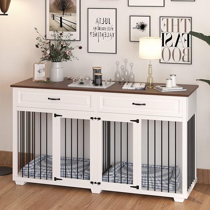 Large Dog Crate Furniture, 72.4" Wooden Dog Crate Kennel with 2 Drawers and Divider, XXL Heavy Duty Dog Crates Cage Furniture for Large Dog or 2 Medium Dogs Indoor, White