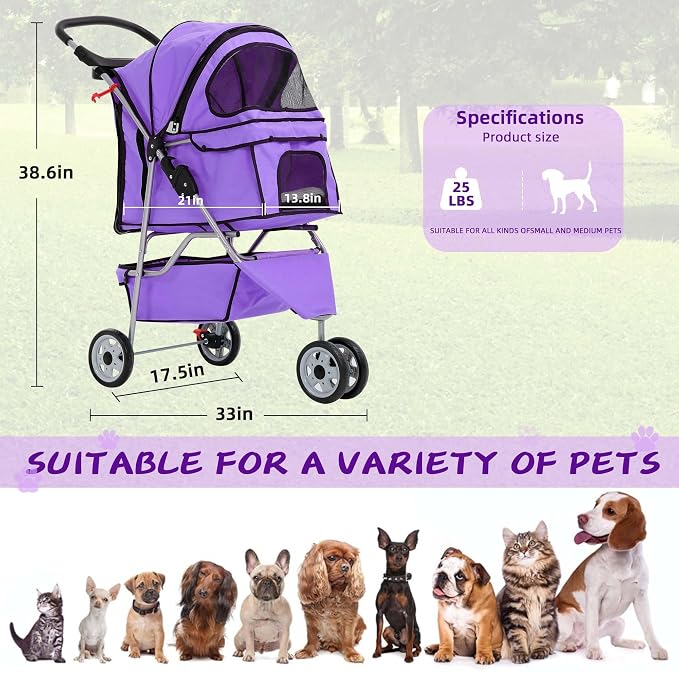 Dog Stroller with Storage Basket,3 Wheels Pet Stroller,Breathable Compact Portable Folding Carrier for Travel,Camping,Dog Carrier for Small Medium Dogs Or Cats,Lightweight Waterproof Pet Stroller
