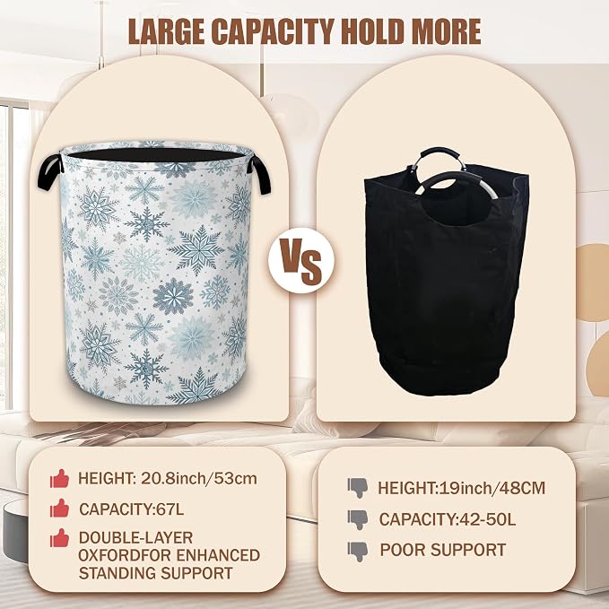 Winter Snowflake Laundry Basket,Laundry Hamper Waterproof Oxford Cloth Tote Bag,Clothes Storage Bucket Decorative Toy Organizer for Bathroom Bedroom 16" x 20.8"