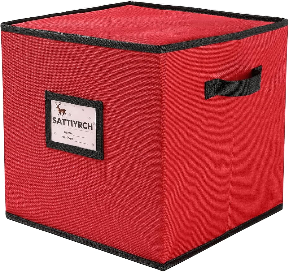 Sattiyrch Christmas Ornament Storage Box,4 Trays with Customizable Dividers,Canvas,Dust-Proof, Holds Up to 64 x 2.36 Ornaments, for Garage/Attic/Basement Storage
