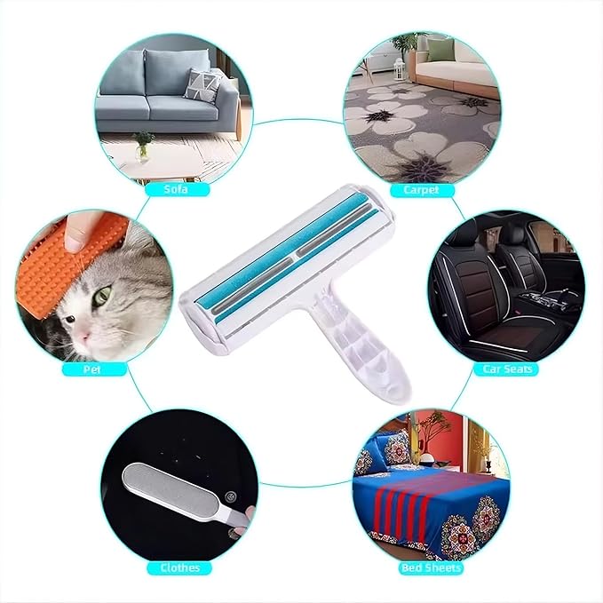 Reusable Pet Hair Remover Roller – Dog & Cat Fur Lint Cleaner for Sofa, Carpet, Bed & Car Seats – No Adhesive Required (White/Blue)