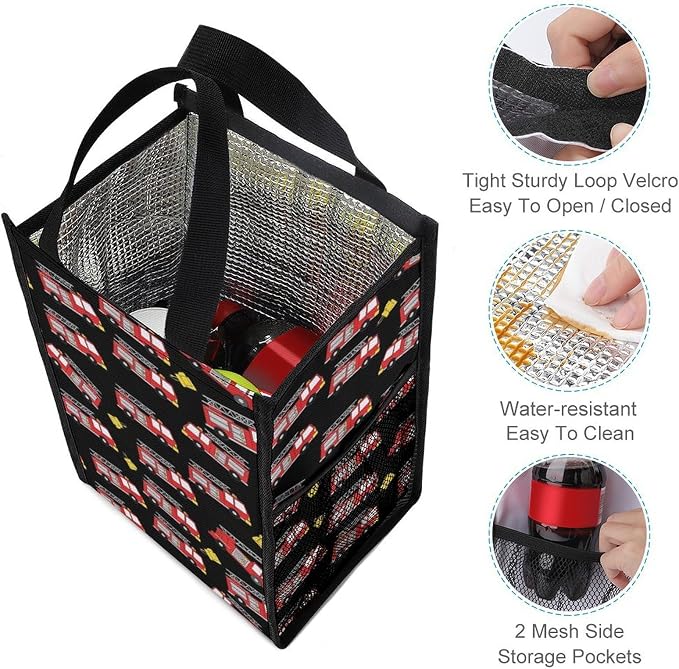 Reusable Insulated Lunch Bag Portable Foldable Lunch Totes Thermal Lunchbox Picnic Camping Cooler Bag Compatible with Fire Fighters Red Fire Truck Cartoon