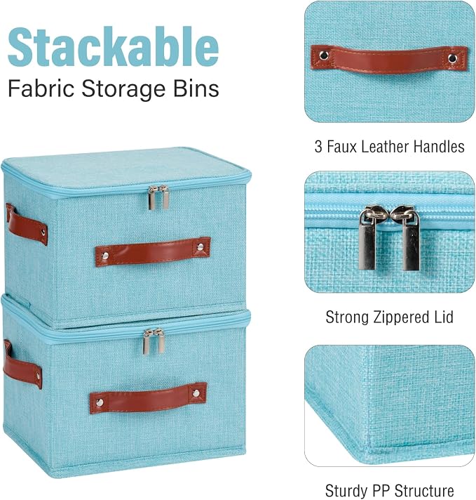 3PCS Storage Bins Boxes with Zippered Lid Decorative Baskets | Cotton Linen Fabric, Washable Foldable Stackable Clothes Container, Closet Shelf Organizer w/ PU Leather Handles, Blue-Small