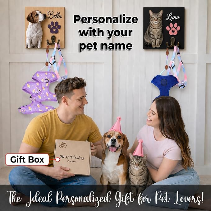 Personalized Dog Key Hook for Wall Mount with Custom Portrait & Name, Paw Print Wooden Wall Organizer, Pet Collar and Harness Holder, Key and Leash Rack for Entryway, Home Decor for Pet Lovers