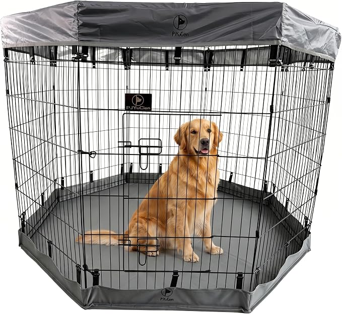 PJYuCien Puppy Playpen with Top Cover & Bottom Pad, 8 Panels 42" H, Gray | 24"W, Large Pet Safe Sanctuary, Foldable Octagonal Pen, Versatile, Indoor & Outdoor, Backyard Pasture, Protects Floors
