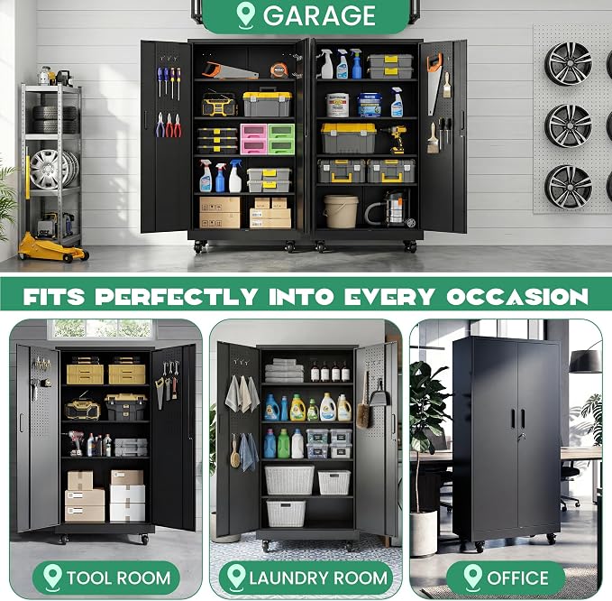 Rolling Tool Cabinet with Pegboard, 71" Tool Cabinets with 4 Adjustable Shelves for Garage, Tool Room, Assembly Required(Black)