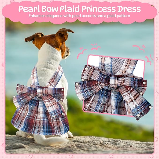 Coppthinktu Plaid Dog Dresses for Small Dogs Girl Bowknot Harness Leash Set