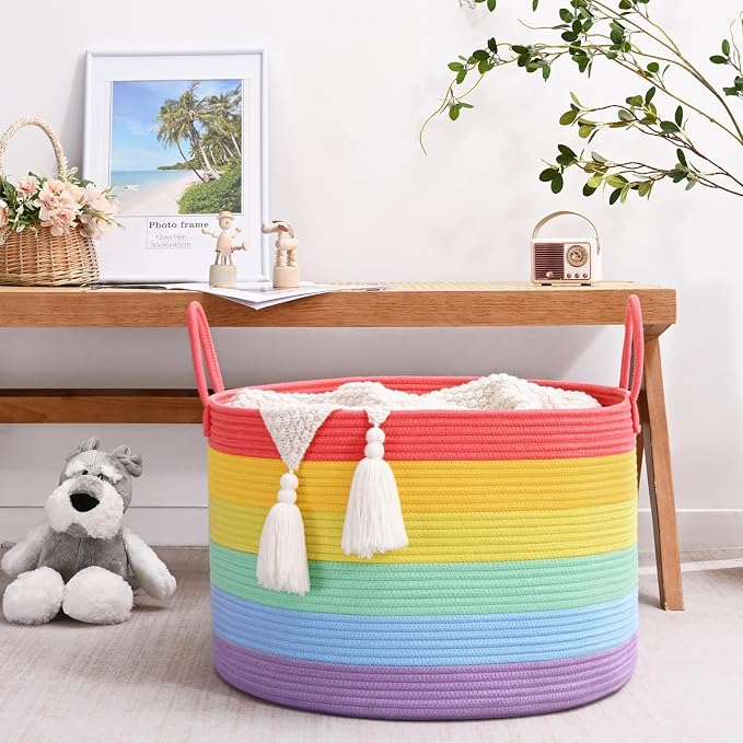 67L Large Rainbow Blanket Basket, Cotton Rope Baby Laundry Hamper with Handles, Kids Toy Basket for Classroom & Nursery, Soft Round Stuffed Animal Storage, Dog Toy Bin - 20"x13", Rainbow