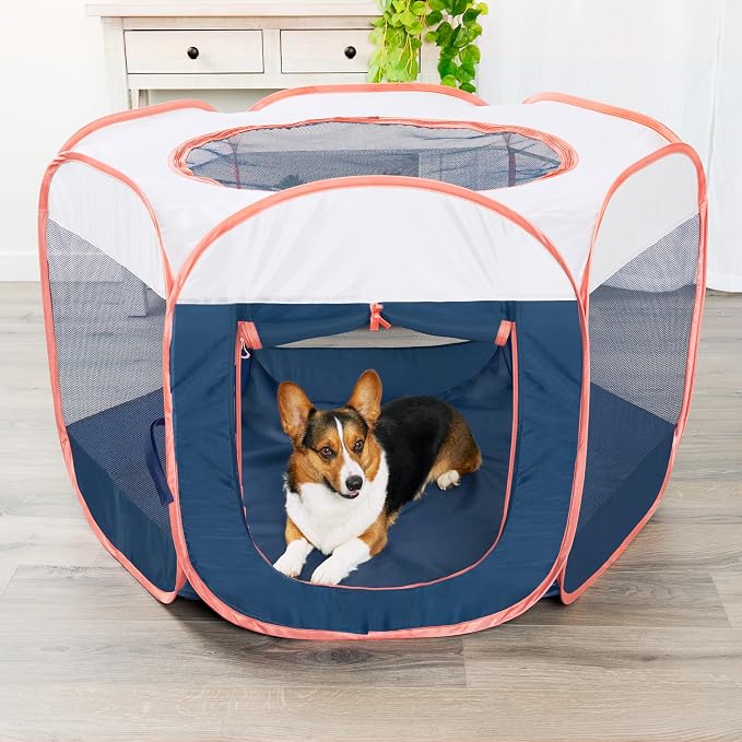 Furhaven Portable Playpen for Dogs and Cats, Pet Playground,Kennel Foldable Indoor Outdoor Zippered Puppy & Kitten Crate - Navy, Large