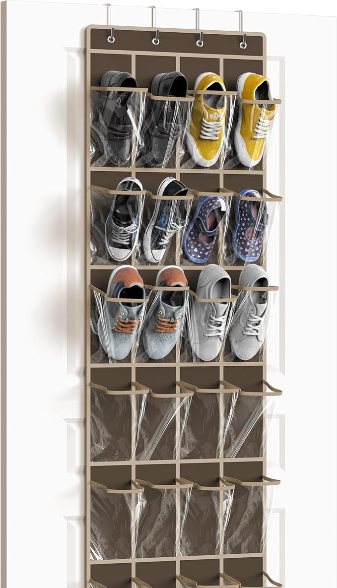 Simple Houseware 24 Pockets Clear Over the Door Shoe Organizer, Brown | 64" x 19", 4 Durable Metal Hooks, 4.3" x 9.5" Pocket Size, Multipurpose