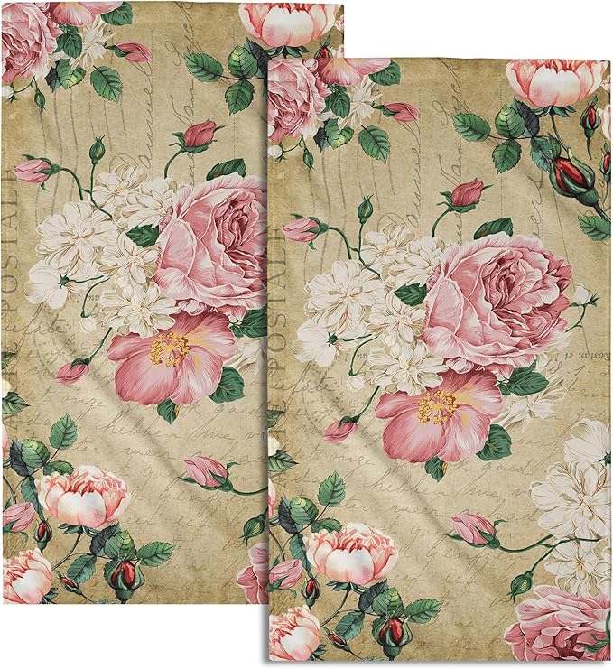 Giwawa Vintage Rose Floral Hand Towels, 15x30 in Set of 2, Retro Pink Flower Leaves Stamp Hair Face Towel Soft Highly Absorbent Shabby Chic Beige Fingertip Towel for Bathroom Girl Woman Guest Gifts