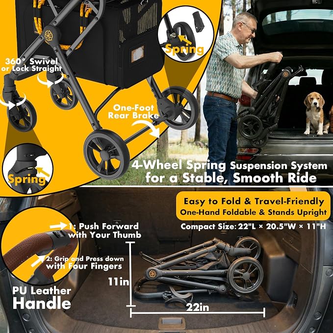 PAWZIDEA Double Pet Stroller with 2 Detachable Carrier for Multiple Pets | Portable Travel Crate & Car Seat Combo & TSA-Approved Expandable Carrier, Foldable Jogger Stroller for 2–4 Cats or Small Dogs