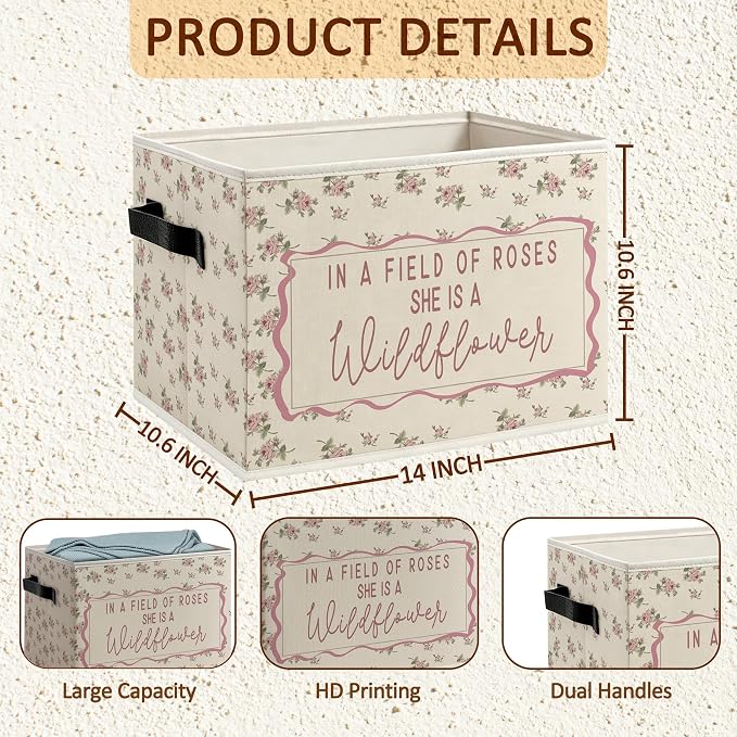 Pink Wildflower Girl Nursery Foldable Storage Bins Box with Handles, in a Field of Roses She Is a Wildflower Inspirational Decorative Storage Boxes Baskets Toybox Organizer for Girls Room