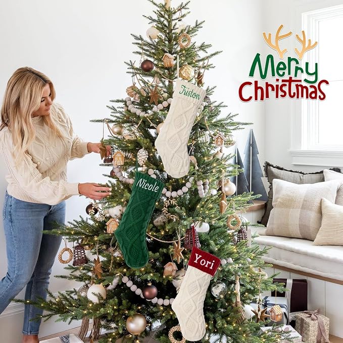 Personalized Christmas Stocking Large Custom Knitted Embroidered Name Xmas Stocking for Family Kids Pets Fireplace Party Decor