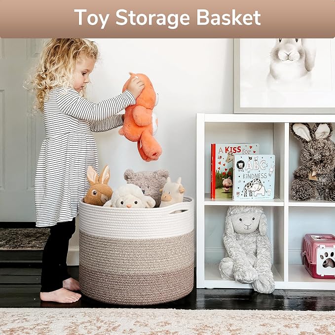 Goodpick Woven Basket for Blankets & Toys, Nursery & Living Room Decor, 45L | 15.8 x 15.8 x 13.8 In Baby Toy Storage Basket for Nursery, Blanket Basket for Living Room, Light & Brown