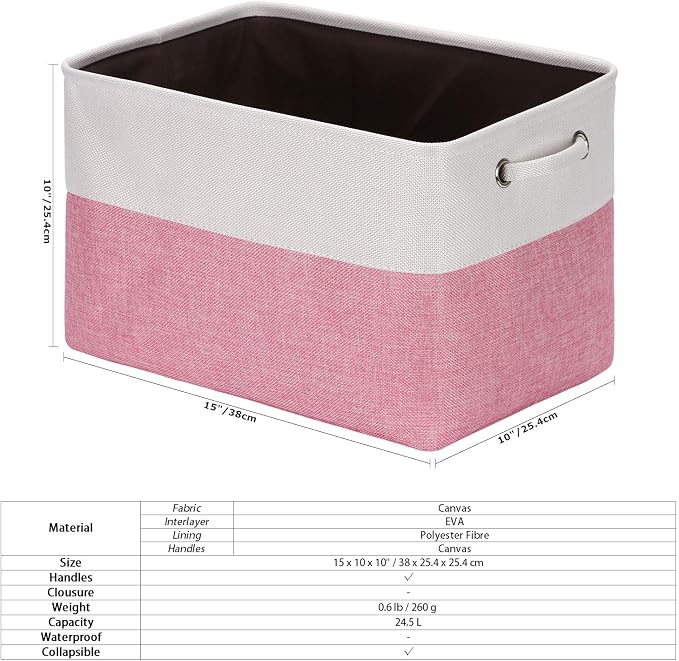 Sea Team Large Rectangle Canvas Open-Top Storage Baskets, 3-Pack | Collapsible Fabric Storage Bins with Handles, Closet Shelf Organizers, 15 x 10 x 10 Inches, Pink & White