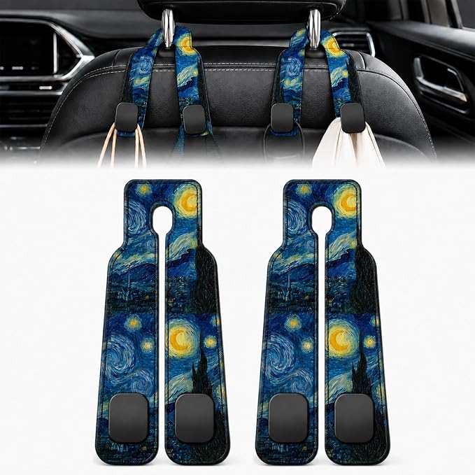 2 Pack Starry Night Car Headrest Hooks for Purses and Bag Seat Back Hanger | Starry Sky Car Accessories Metal Hook,Aesthetic Art Lover Gifts for Women Men,PU Leather Double Metal Hook for Backseat
