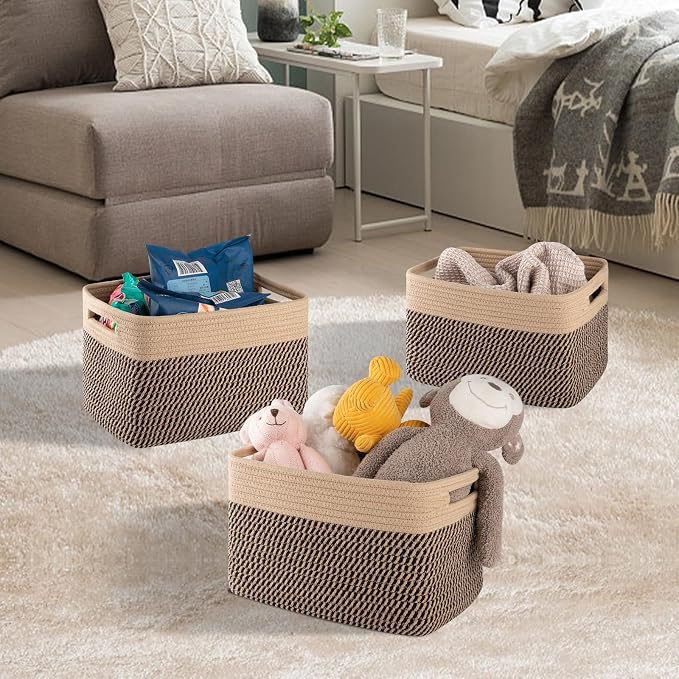 4 Pack Storage Baskets for Organizing, Woven Baskets for Shelves - Perfect for Toys, Books, Towels, and Clothes, Durable Gift Basket Bins Toy Storage, 12.7''L x9''W x7.8''H, Black and Brown