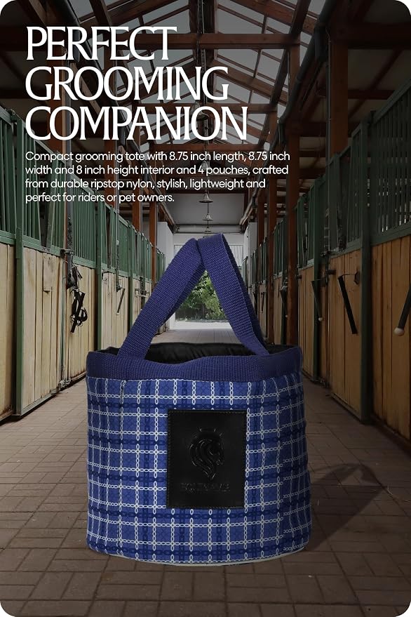 Equinavia Darby Mini Grooming Tote Bag for Horses, Dogs, Cats | Riding Supplies Organizer with 8.75" x 8.75" x 8" Interior - Navy/Skipper Blue - One Size