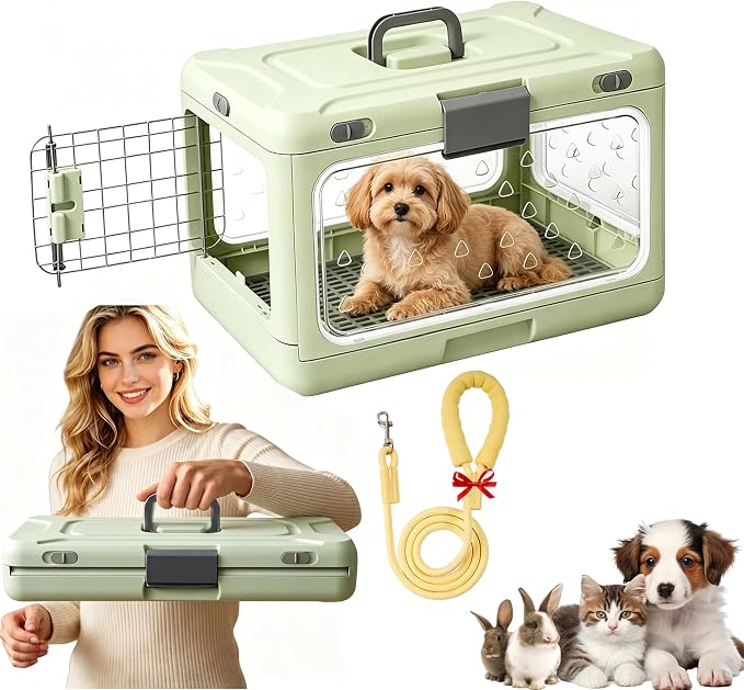 Foldable Hard Cat Carrier, Transparent Pet Crate for Cats & Small Dogs, Collapsible Travel Kennel with Ventilation & Urine Pad Mesh Grid, Portable Travel cage, Essential for pet Travel, Green