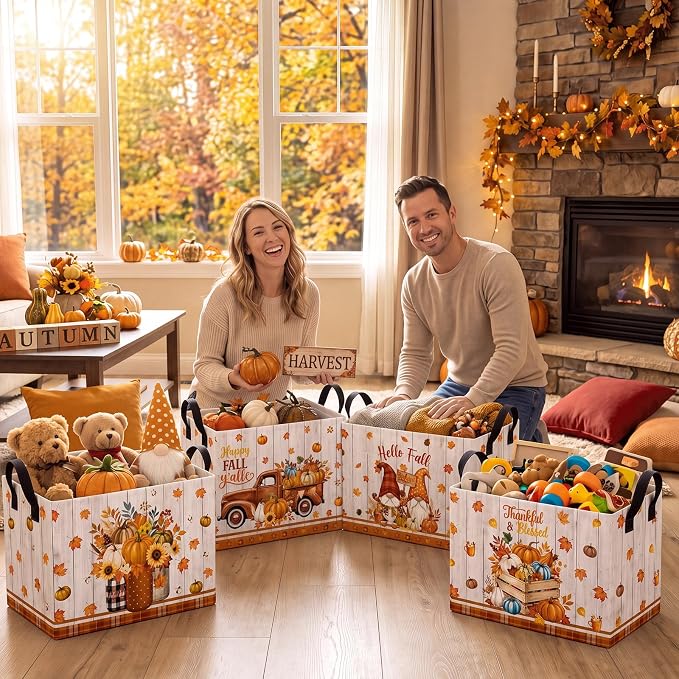 4 Pcs Fall Storage Basket for Gifts Empty Large Fall Pumpkin Storage Bins with Handles 15 x 10 x 8 Fabric Laundry Baskets Autumn Harvest Collapsible Organizer Boxes for Home Clothes Toys Books