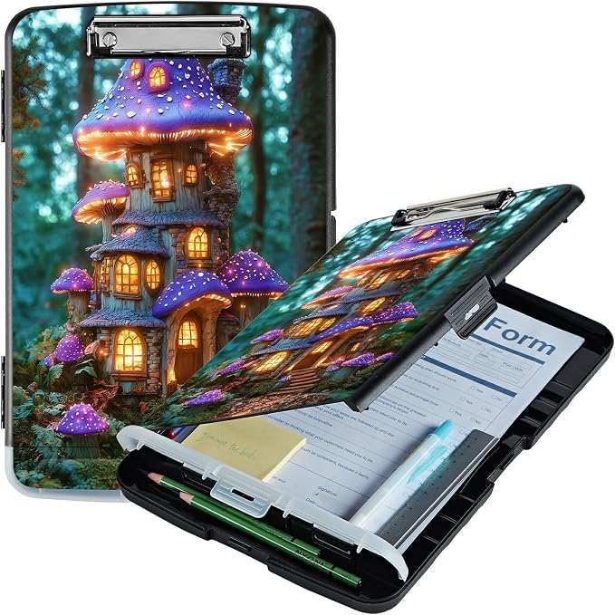 A4 Clipboard with Storage Pen Holder, Clipboards Organizer Nursing Clipboard Foldable File Folder Plastic Clipboard Folio Clip Board for Office Work Classroom Doctor, Purple Mushroom Castle