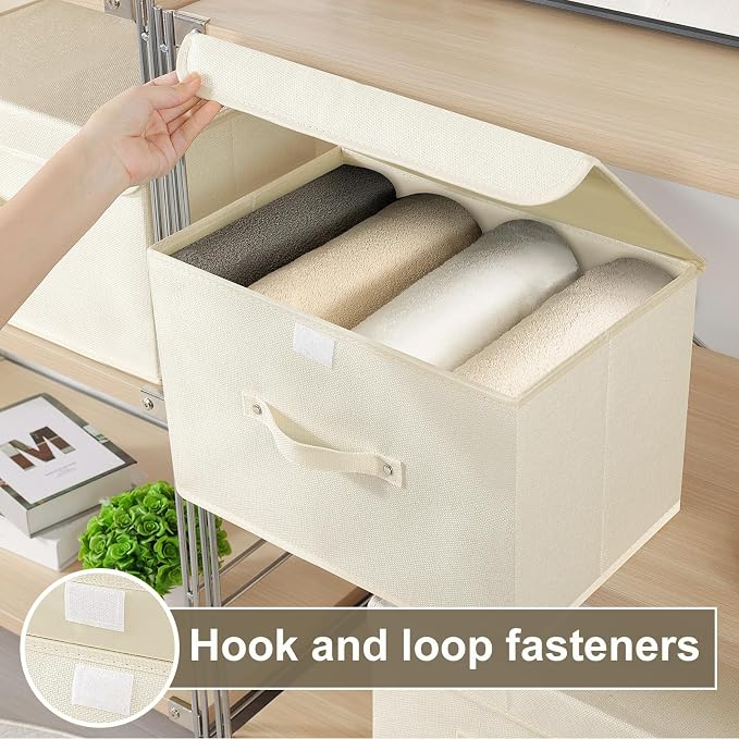 Cloth Storage Baskets with Handles,Beige 15x9.8x9.8in,3 Pack | Storage Boxes with Flip-Top Lids,Washable PP Panel Cube Drawer Organizers,Collapsible Underwear Divider Bins for Home