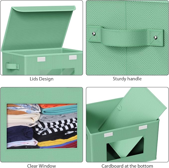 Univivi Fabric Foldable Storage Bins with Lids, 4 Pack, Green | Stackable Closet Storage Bins, Fabric Closet Organizers and Storage with Lid & Clear Window for Home, Office, Bedroom