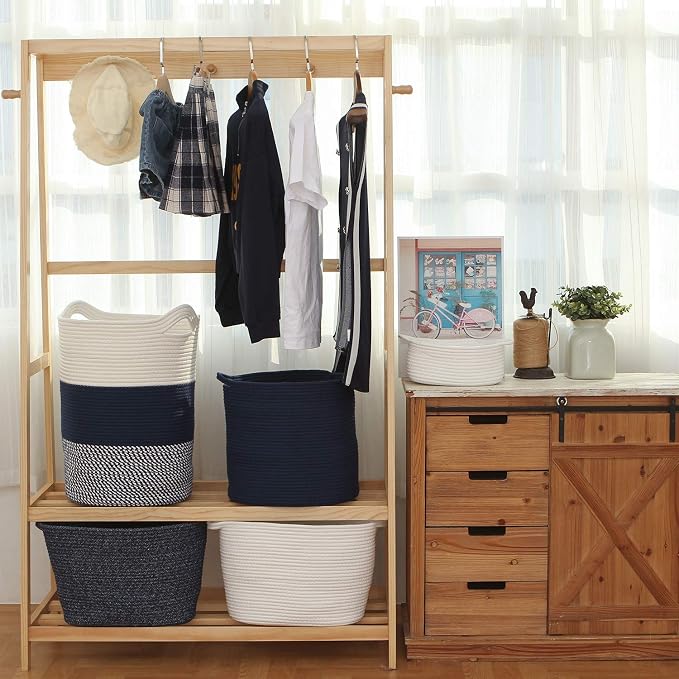 Sea Team Large Woven Cotton Rope Laundry Basket with Handles, 20 x 14 in | Collapsible Knitted Hamper, Closet Shelf Organizers, Containers for Clothing, Blankets, Toys, Bedding, Mottled Navy