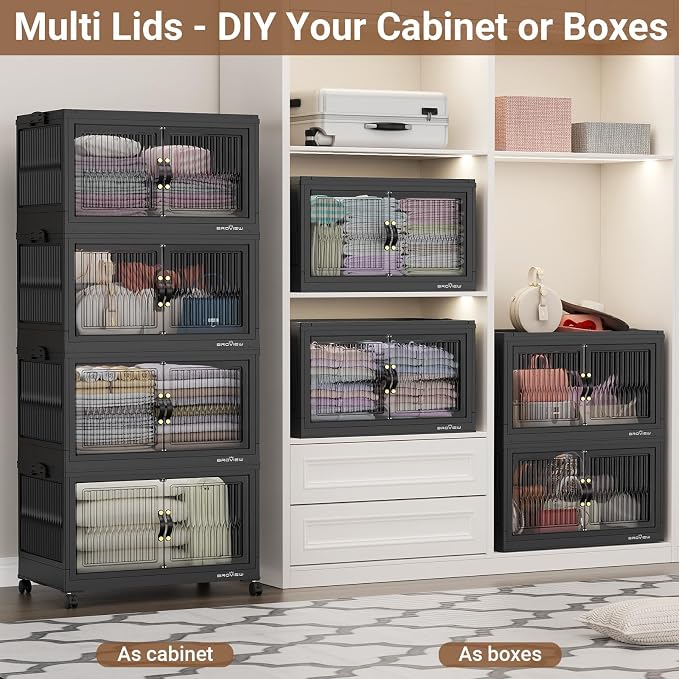 BROVIEW 480Qt Stackable Storage Bins with Lid for Home Dorm, 4Pack Black | Closet Organizers, Foldable & Collapsible Cabinets, Large Containers, Wheels & Magnetic Doors, Plastic Drawers for School
