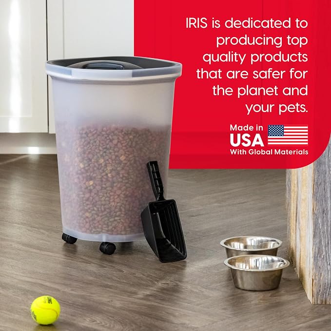 IRIS USA Dog Food Storage Container, Up to 25 lbs, Black, Made in USA | Includes 2-Cup Scoop & Wheels, Airtight Seal, BPA-Free, Bird Seed, Cat food, Chicken Feed, Treats, Keeps Kibble Fresh
