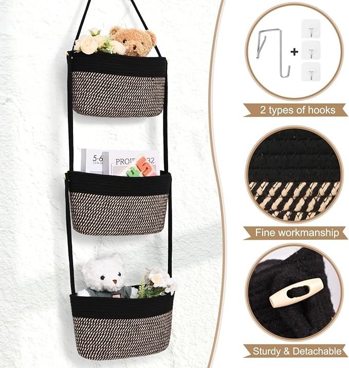 Hanging Basket, 3-Tier Woven Wall Basket with 4 Hooks, Cotton Rope Storage Baskets, Over the Door Organizer for Nursery, Bedroom, Cottage and Boho Wall Decor