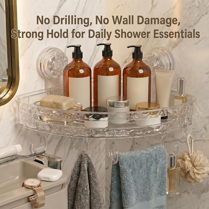 Corner Shower Caddy with Suction Cups, No Drill Corner Shower Shelf Organizer with Hooks, Clear Shower Storage Rack for Tile, Glass & Smooth Surfaces, White/Clear