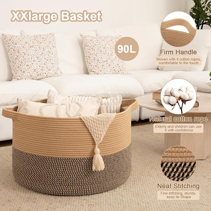 OIAHOMY 90L XXXLarge Blanket Basket for Living Room, 21.7" x 13.8" Woven Cotton Rope Laundry Basket for Organizing Pillows, Decorative Stuffed Animal Toy Storage for Nursery, Jute and Black