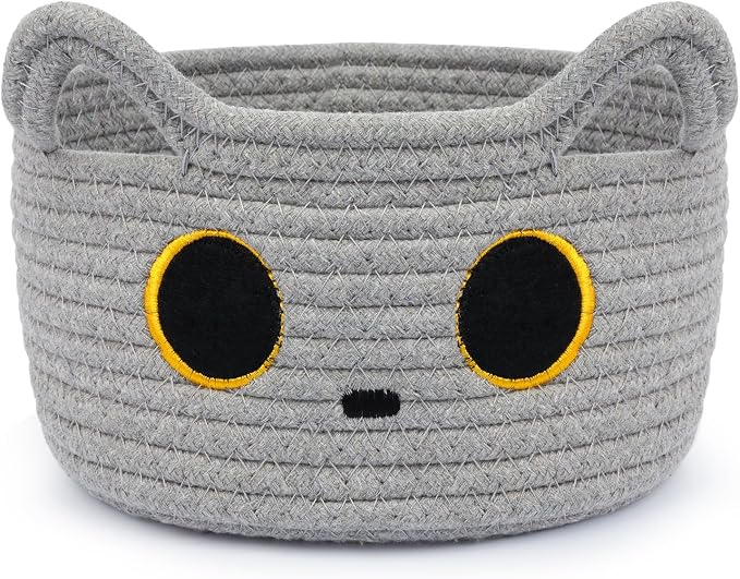 Small Storage Basket, Cat Basket Woven Cotton Rope Basket for Nursery | Baby Blanket Organizer with Handles for Toys,Towels,Clothes, Baby Storage for Gifts Cat Dog Bin Toys 8.5×4.5 inches,Grey