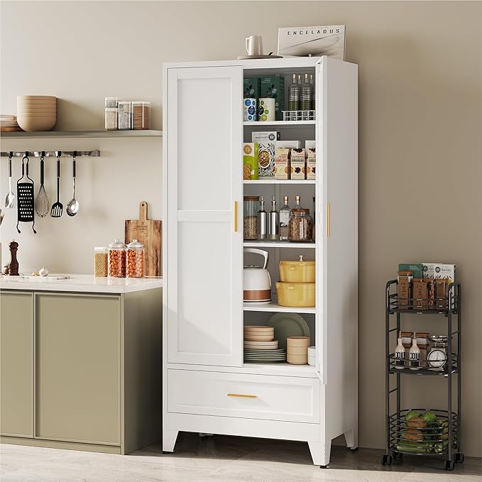 YAUWOH 71''Tall Kitchen Pantry Cabinet with Drawer,5-Tiers Metal Pantry Storage Cabinet with 4 Adjustable Shelves and 2 Barn Doors, Freestanding Farmhouse Food Cupboard for Dining Room (1PC,White)