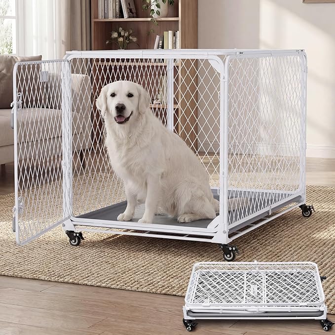 42 Inch Collapsible Dog Crate with Diamond Mesh, No-Tool Assembly Foldable Dog Kennel with 4 Lockable Wheels,Removable Tray,Portable Dog Cage for Medium/Large Dogs, Space-Saving, Indoor Outdoor Use