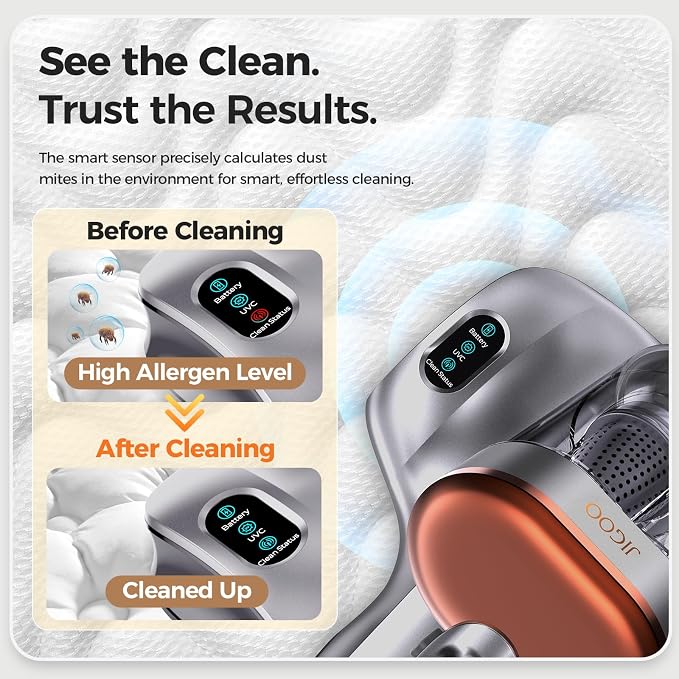 JIGOO 2-in-1 Mattress and Pet Hair Vacuum Cleaner, Bed Vacuum Cleaner with Dust Sensor, Ultrasonic and High Heating, Deep Cleaning Bed Vacuum for Sofa Bed Fabric Surface (S100 Cordless,Gray)