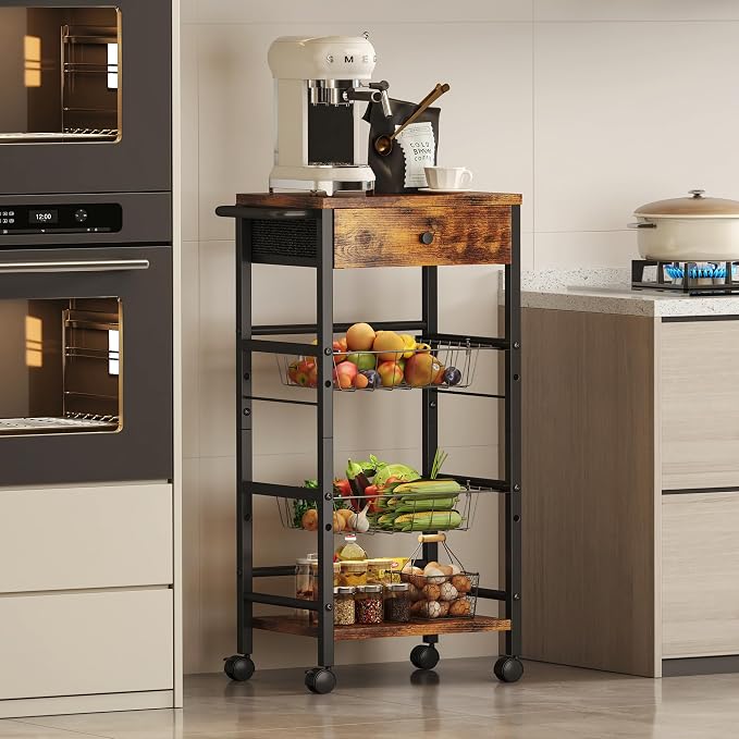 Kitchen Organizer and Storage Cart with Fabric Drawer and Convenient Handle, Snack Organizer Cart with 2 Pull-Out Baskets and 2 Storage Shelves, Rolling Kitchen Cart for Fruit Potato Onion Vegetable