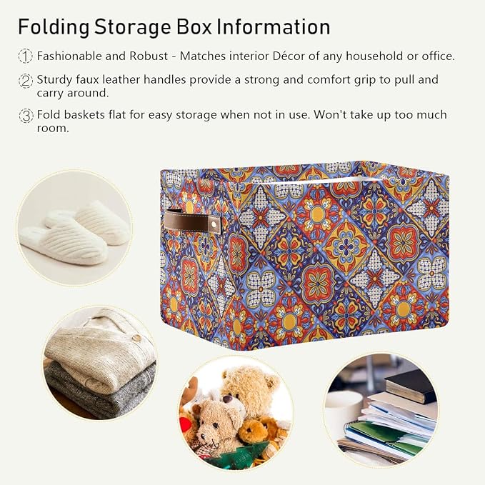 Foldable Storage Baskets, Mexican Ceramic Tile Pattern Storage Bins with Handles, Decorative Cloth Organizer Storage Boxes for Home|Office 15 x 11 x 9.5 in