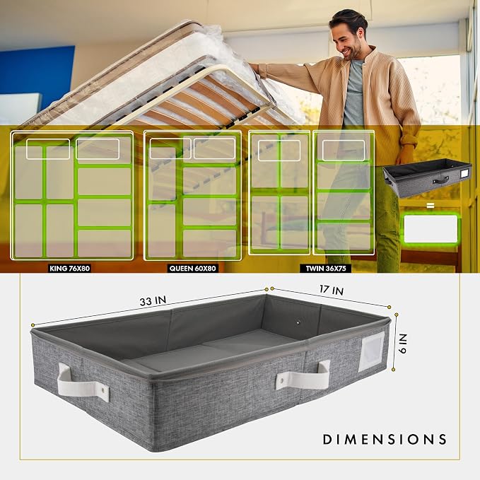 HOMELUX THEORY Under Bed Storage, Large 2pc with Lid, Light Gray | Drawer-style pull-out design, Fits blankets, clothes, fabric & shoes, Bins with lids, Bedroom & closet storage
