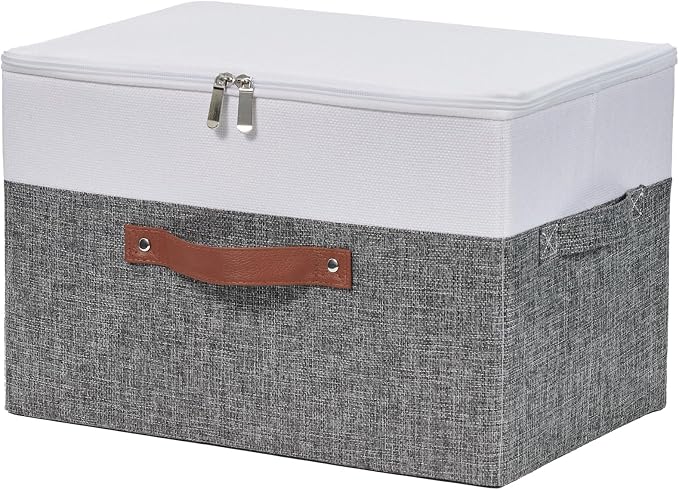 Storage Bins with Zipper Lids Decorative Lidded Baskets Boxes | Clothes Container, Closet Shelf Organizer, Foldable Washable, Cotton Linen Fabric, w/ PU Leather Handles, Gray White, Large
