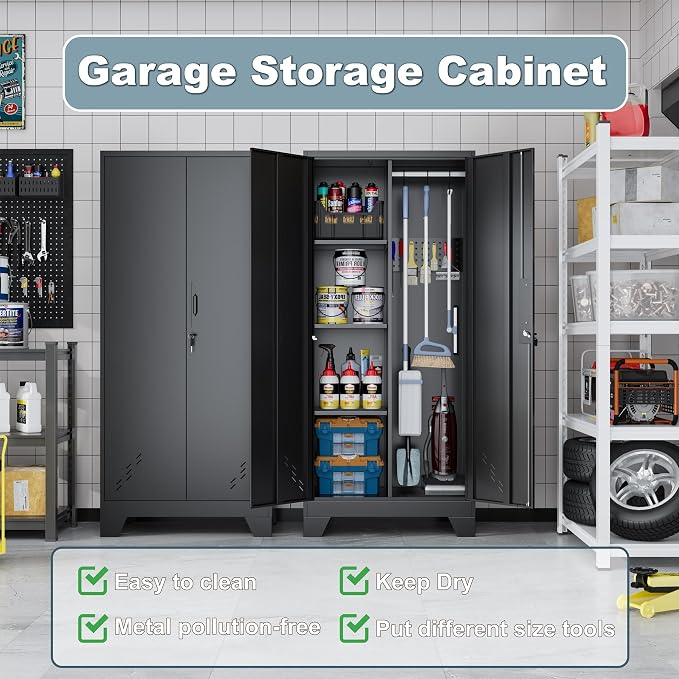61" Metal Storage Cabinet with Lock for Garage, Utility Closet | Broom Closet with Lockable Doors, Pegboard & Shelves, Steel Tool Cabinet for Home Office, Laundry Room, Living Room, Black