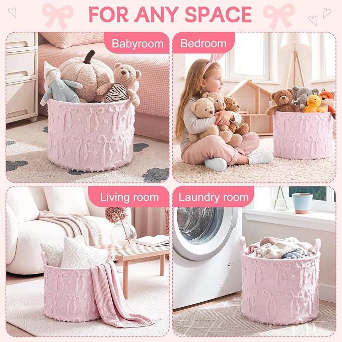 LemonRoad Extra Large Basket 20"x14", Woven Basket for Laundry Blanket Toy Box with Handle Storage, Blanket Storage for Living Room Nursery Pillows Chest(Pv Plush,Bow,Pink)