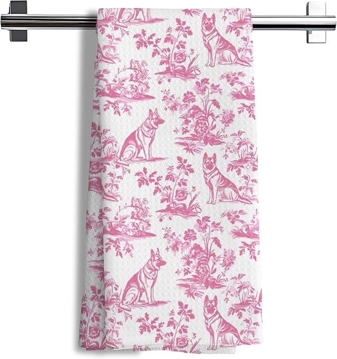 Pink Chinoiserie German Shepherd Kitchen Towels, Pink Floral Botanical Grandmillennial Dog Decor Dish Tea Towels, German Shepherd Gifts Hand Towels for Kitchen Bathroom, 16x24 Inch