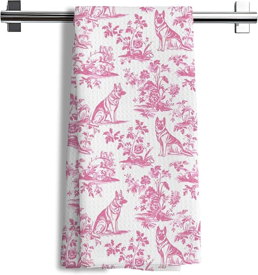 Pink Chinoiserie German Shepherd Kitchen Towels, Pink Floral Botanical Grandmillennial Dog Decor Dish Tea Towels, German Shepherd Gifts Hand Towels for Kitchen Bathroom, 16x24 Inch