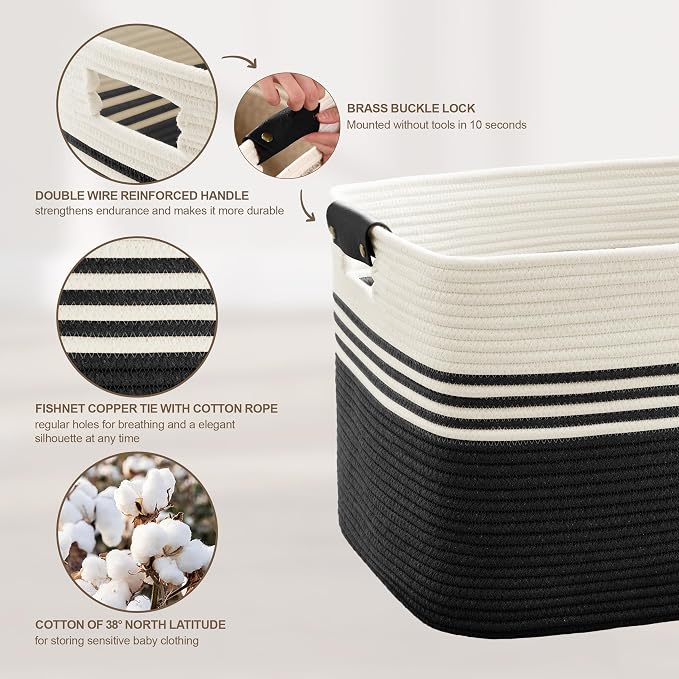 60L Woven Laundry Basket Hamper with Leather Handles,Black | collapsible wicker hamper, storage for dirty clothes, toys, blankets, gifts, living room, bedroom, bathroom, 21"x15"x11"