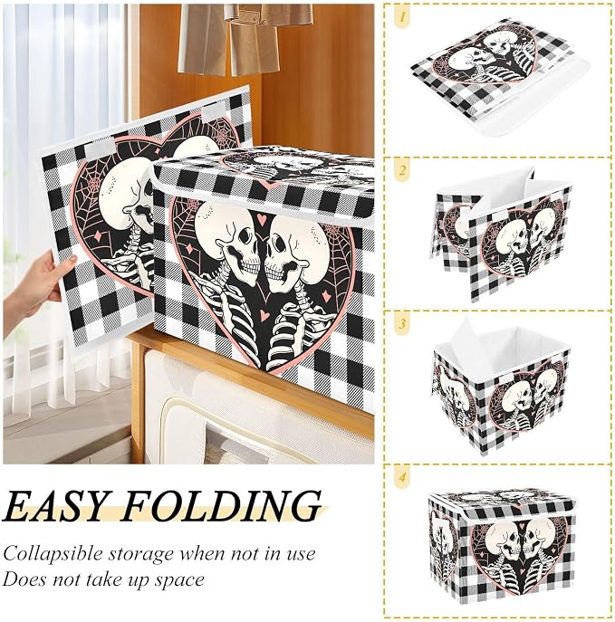 Fabric Storage Bins with Lid Love Skull Closet Storage Basket 40L | Decorative Storage Boxes, Dust-Proof Flip Top, Reinforced Handles, For Home & Bedroom, Clothes & Toy Box, Skull Fabric Print