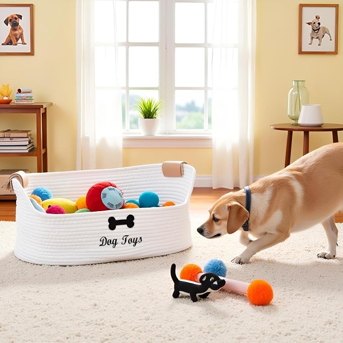 Dog toy basket storage large dog box pet bed great for collecting pet toys, blankets, leashes, clothing in living room playroom closet - Beige